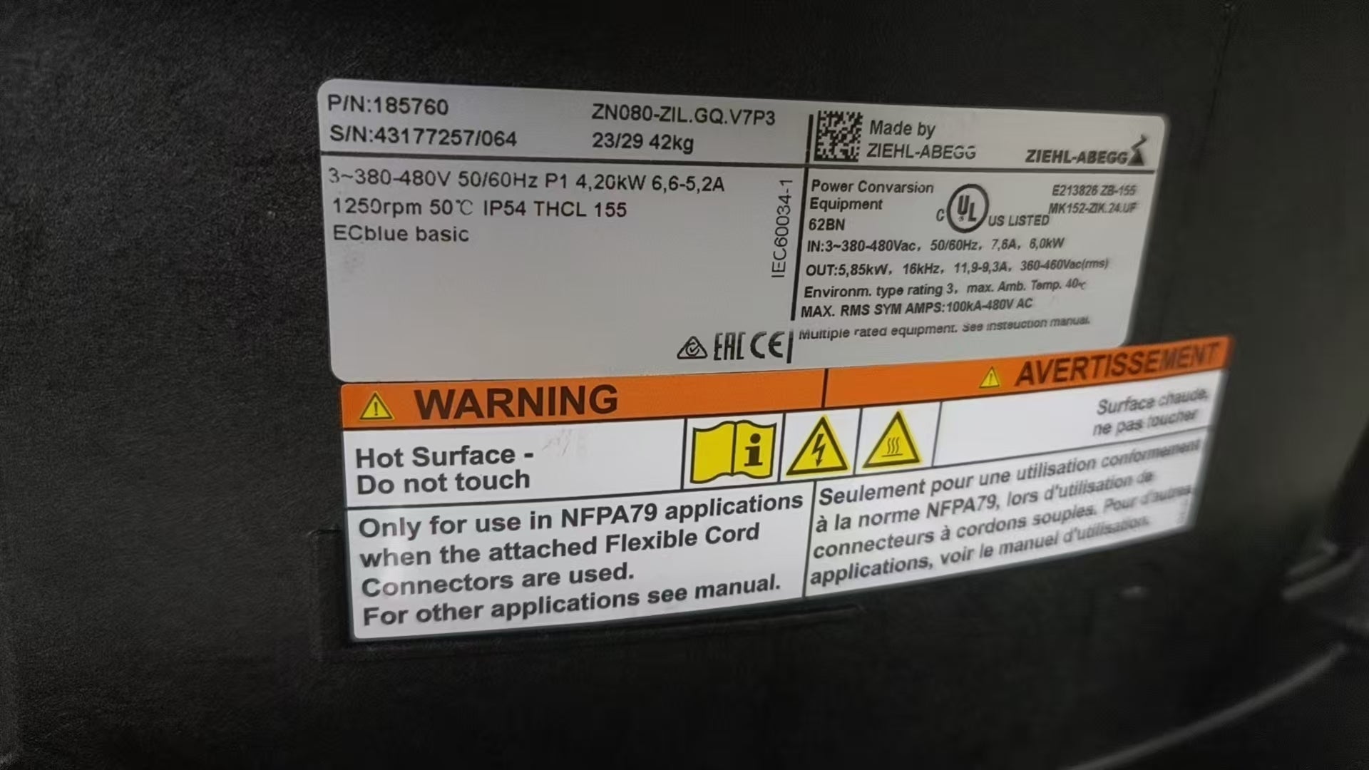 nameplate of ZN080-ZIL.GQ.V7P3 ZIEHL-ABEGG Axial Fan