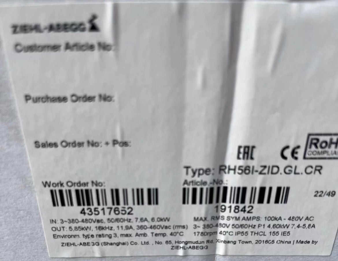 package label of RH56I-ZID.GL.CR ZIEHL-ABEGG centrifugal fan