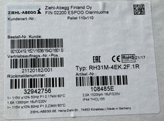 packing label of RH31M-4EK.2F.1R ZIEHL-ABEGG centrifugal fan