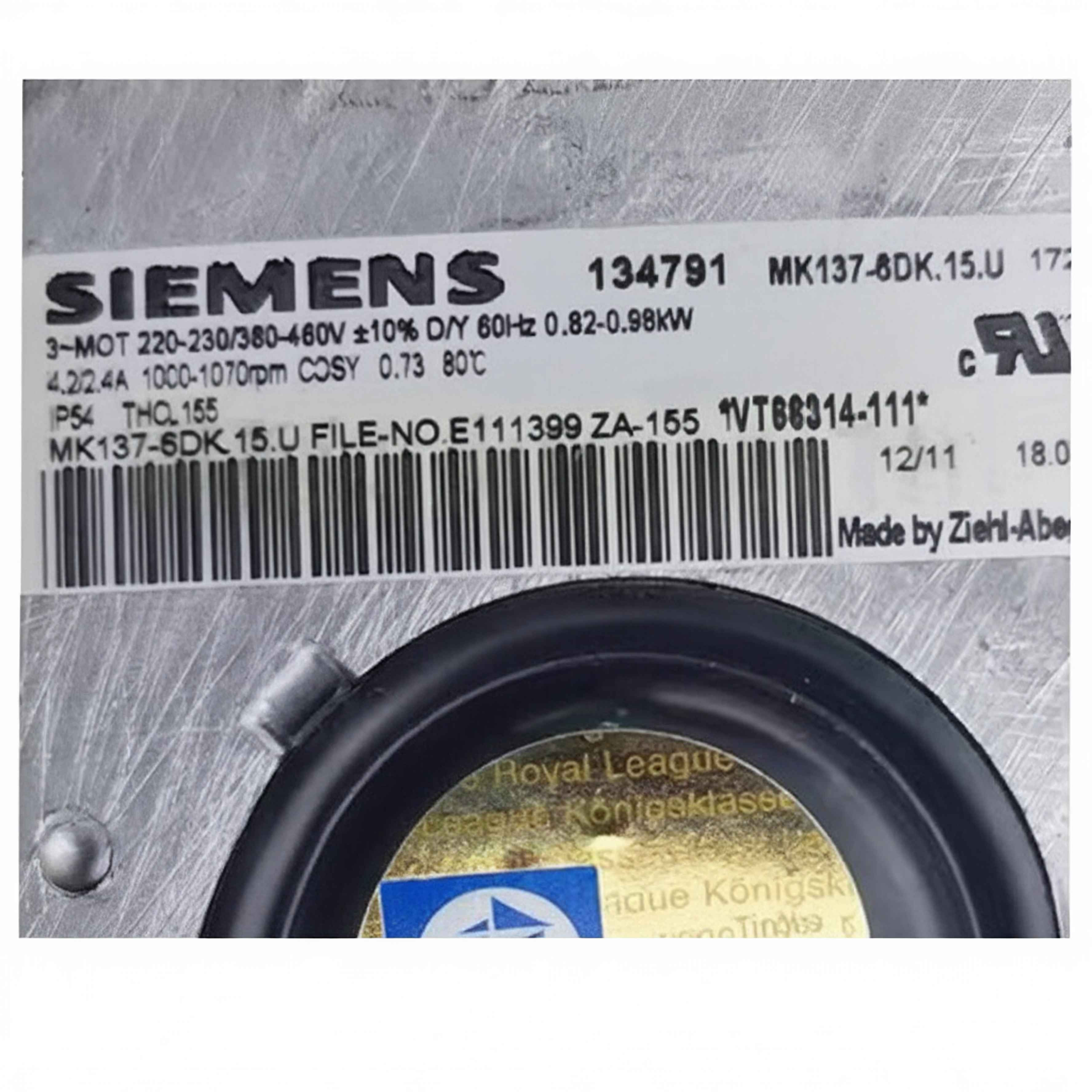 nameplate of MK137-6DK.15.U ZIEHL-ABEGG centrifugal motor fan