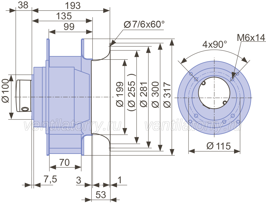 Drawing/dimension RH31M-2EK.3F.2R ZIEHL-ABEGG centrifugal fan