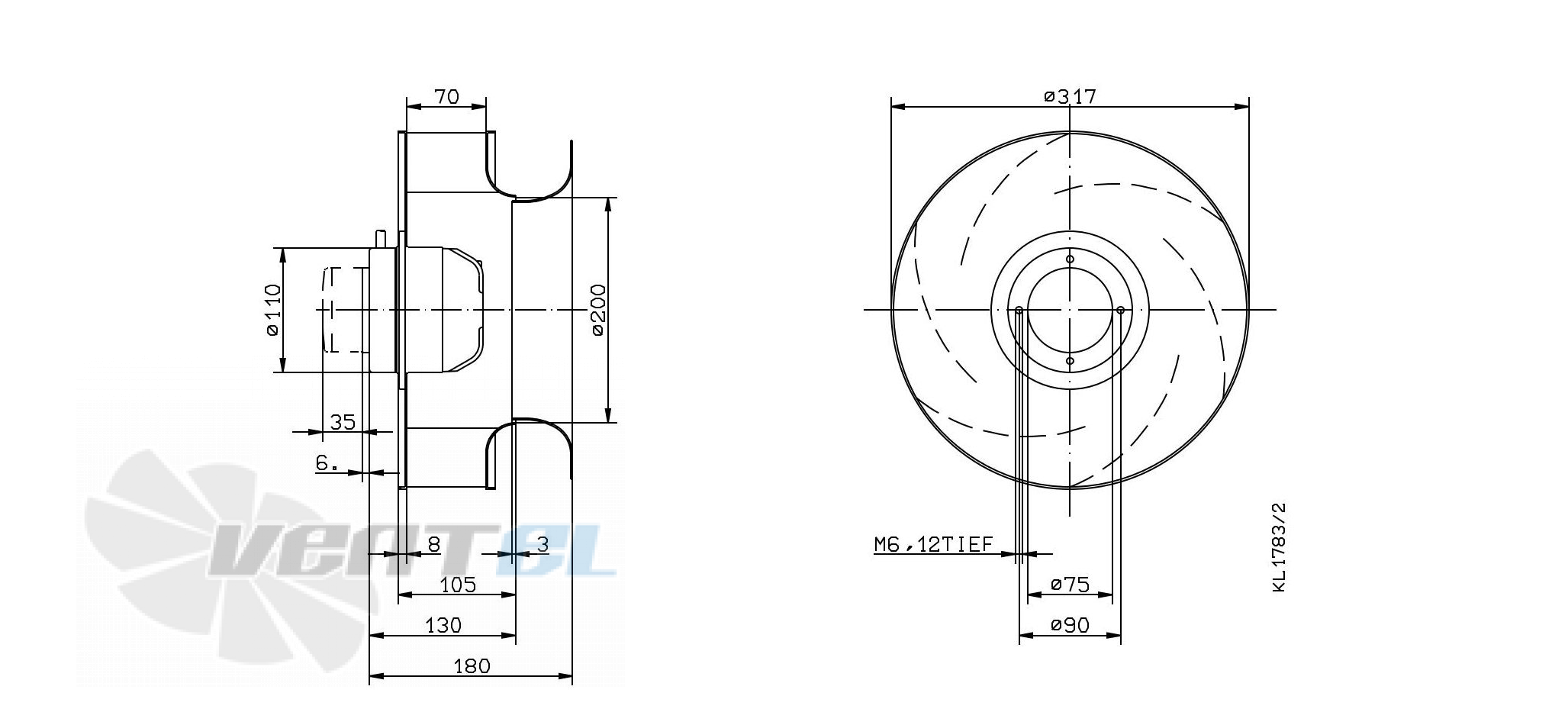 Drawing/dimension RH31M-4DK.2A.2R ZIEHL-ABEGG centrifugal fan