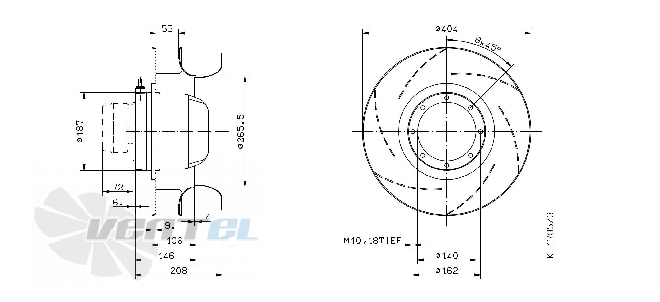 Drawing/dimension RH40M-2DK.6K.2R ZIEHL-ABEGG centrifugal fan