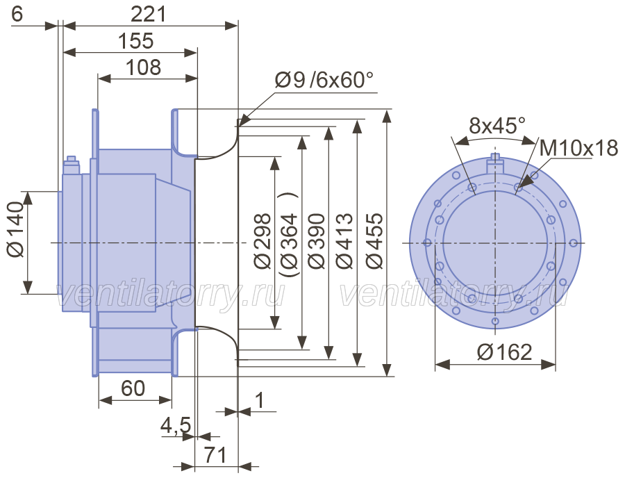 Drawing/dimension RH45M-2DK.6K.2R ZIEHL-ABEGG centrifugal fan
