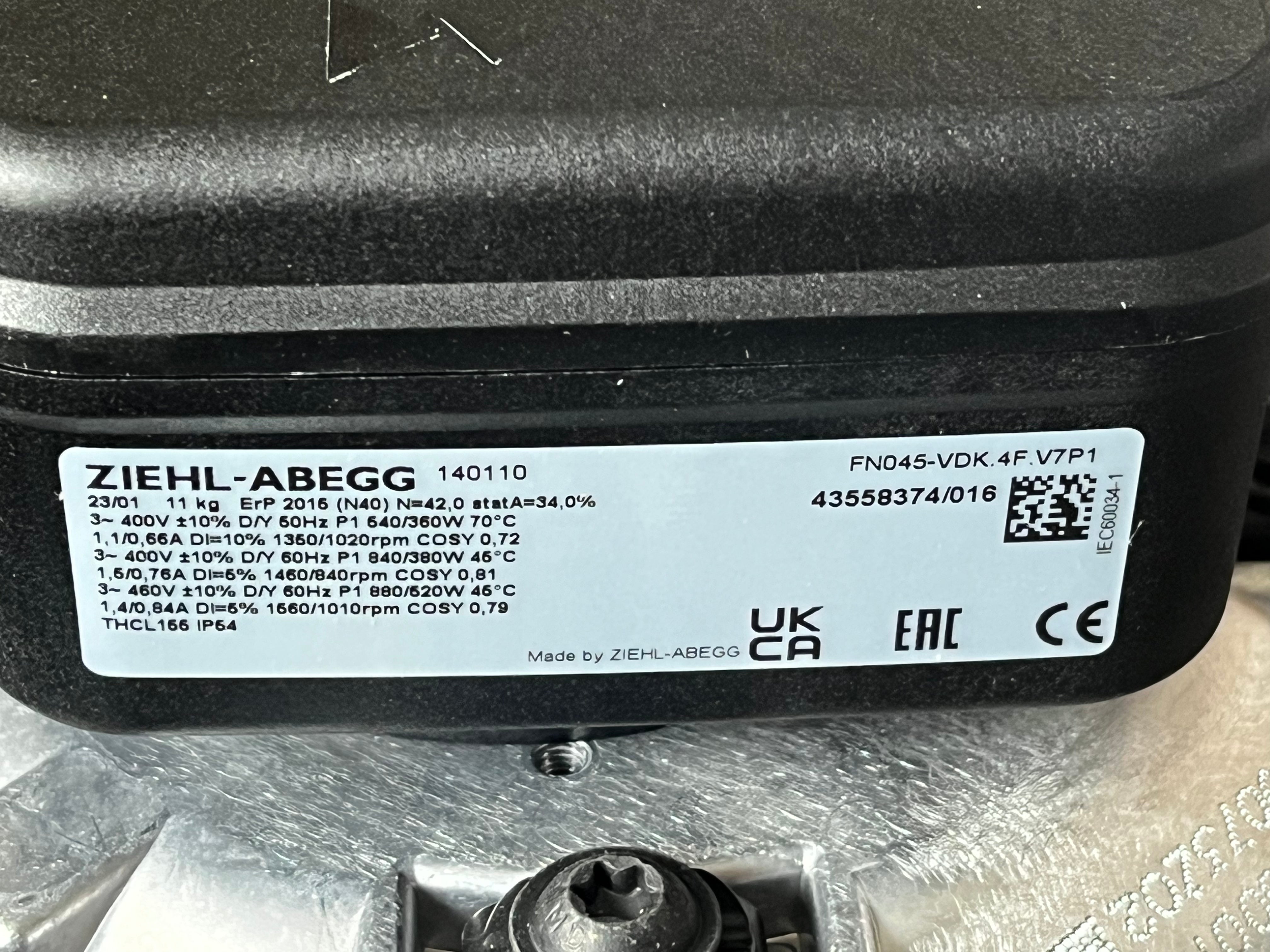 FN045-VDK.4F.V7P1 ZIEHL-ABEGG Axial Fan nameplate