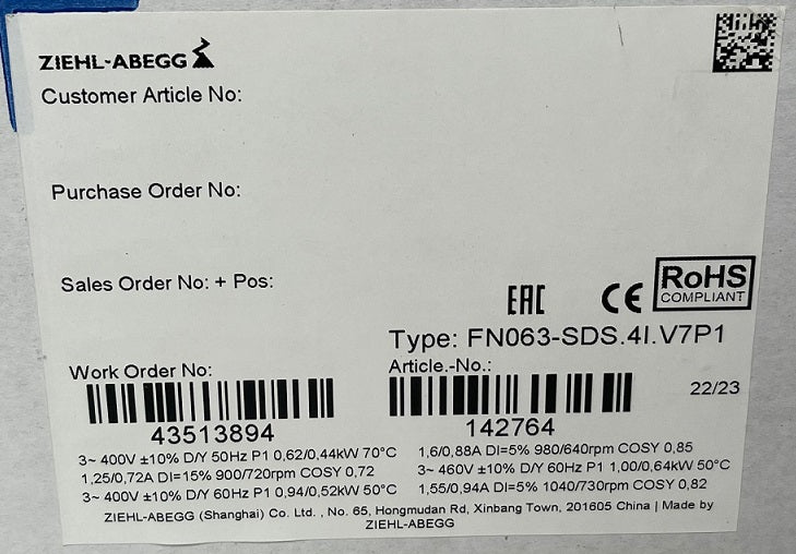 FN063-SDS.4I.V7P1 ZIEHL-ABEGG Axial Fan package label