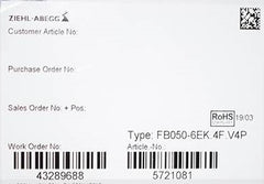 Lable of FB050-6EK.4F.V4P ZIEHL-ABEGG Axial Fan