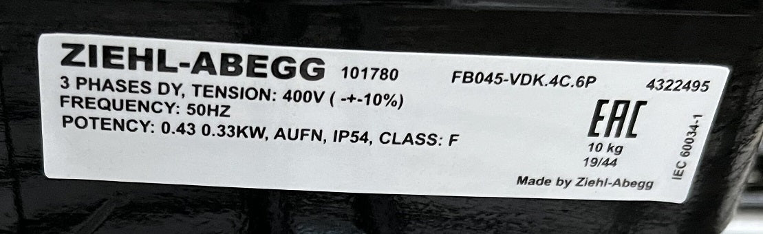 Nameplate of FB045-VDK.4C.6P ZIEHL-ABEGG Axial Fan