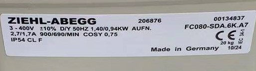 Nameplate of FC080-SDA.6K.A7 ZIEHL-ABEGG Axial Fan
