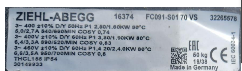 Nameplate of FC091-S01.70.VS ZIEHL-ABEGG Axial Fan