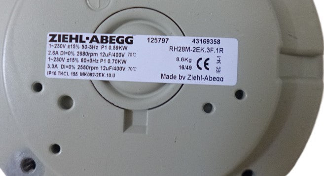 Nameplate of RH28M-2EK.3F.1R ZIEHL-ABEGG centrifugal fan