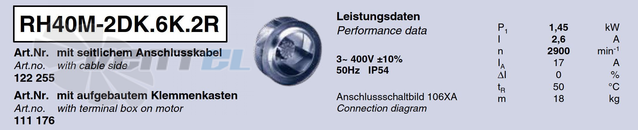 Parameters RH40M-2DK.6K.2R ZIEHL-ABEGG centrifugal fan