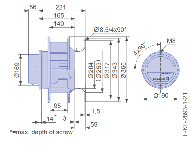 dimension of RH31C-ZID.DC.CR ZIEHL-ABEGG centrifugal fan
