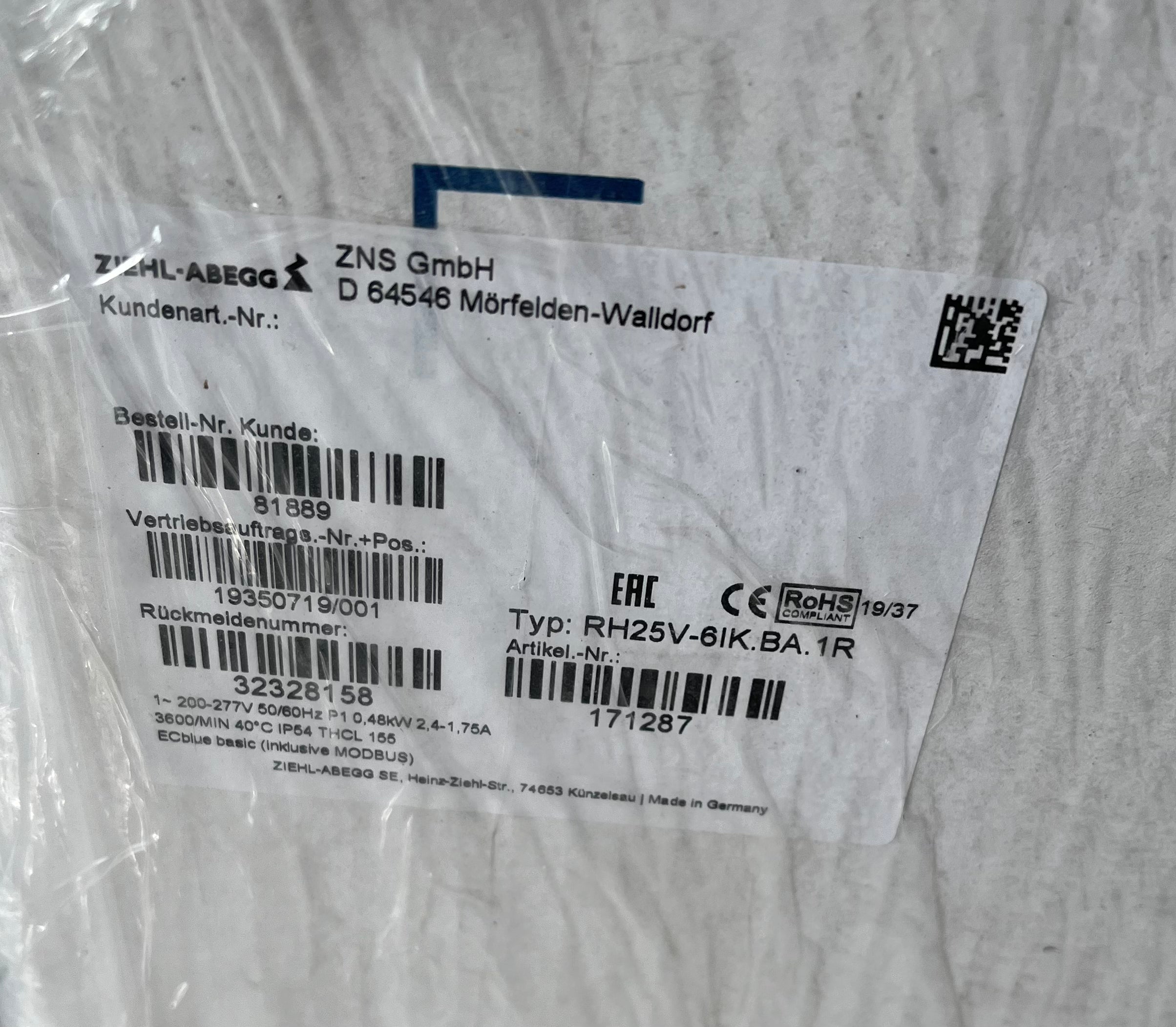 label & nameplate of RH25V-6IK.BA.1R ZIEHL-ABEGG centrifugal fan