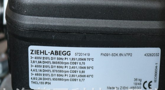 label & nameplate of FN091-SDK.6N.V7P2 ZIEHL-ABEGG Axial Fan
