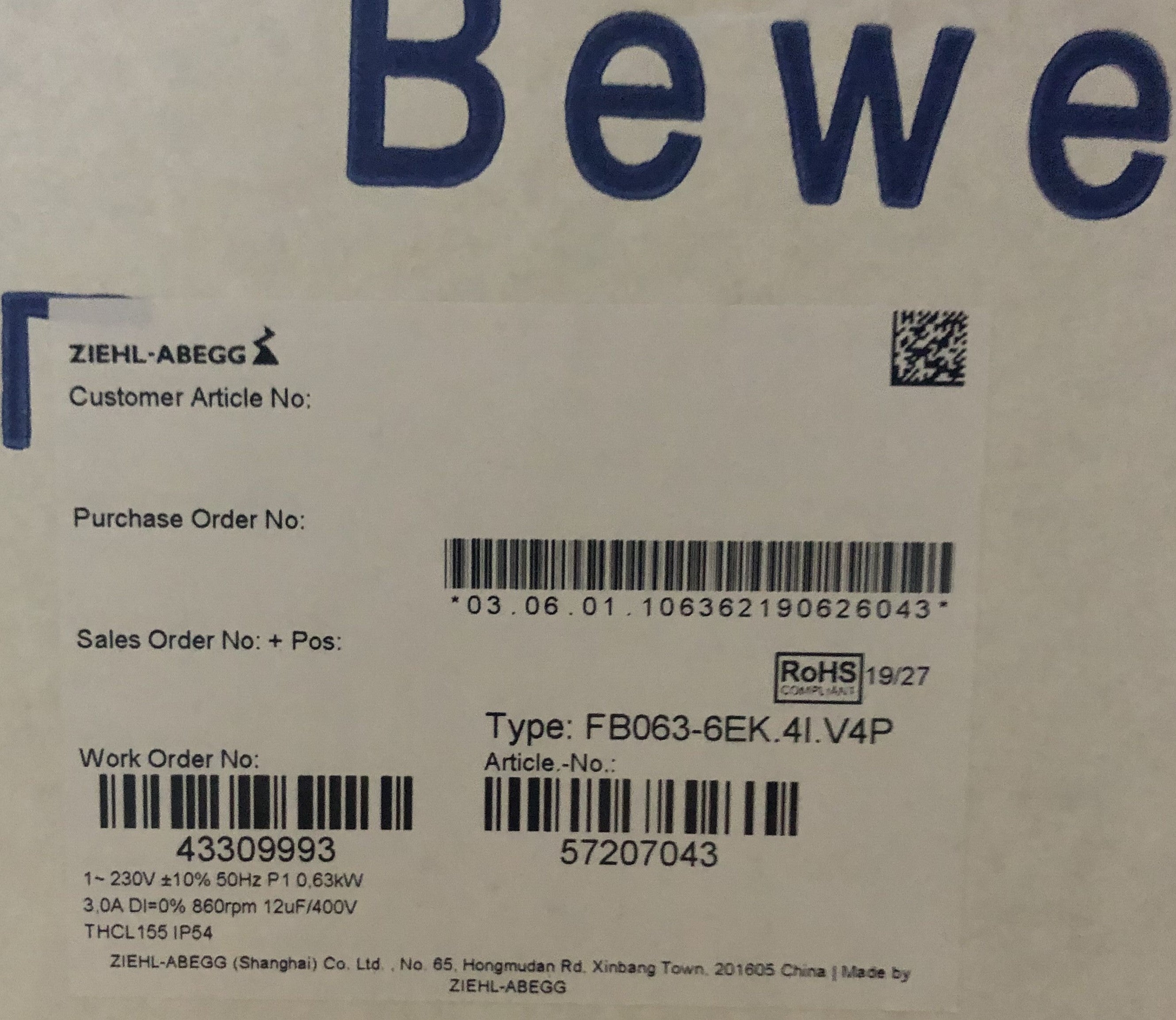 lable1 of FB063-6EK.4I.V4P ZIEHL-ABEGG Axial Fan