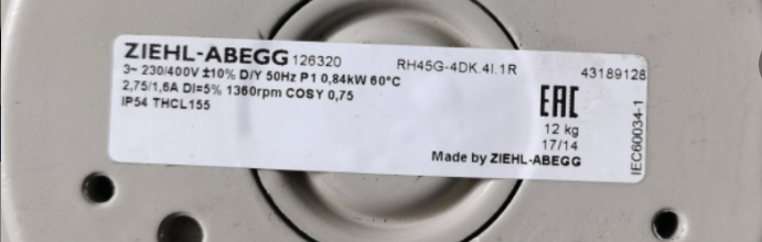 lable of RH45G-4DK.4I.1R ZIEHL-ABEGG centrifugal fan