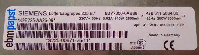 nameplate of EBMPAPST K2E225-AA26-09 Centrifugal Fan