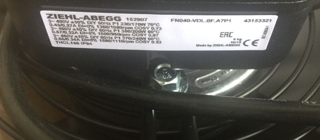 nameplate of FN040-VDL.0F.A7P1 ZIEHL-ABEGG Axial Fan