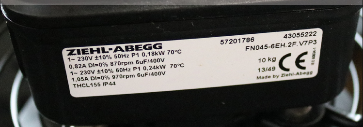nameplate of FN045-6EH.2F.V7P3 ZIEHL-ABEGG Axial Fan