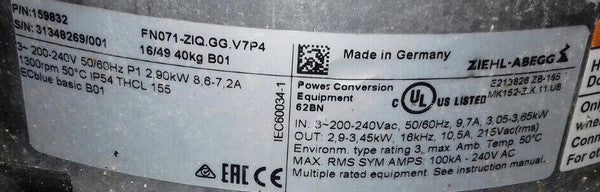 nameplate of FN071-ZIQ.GG.V7P4 ZIEHL-ABEGG Axial Fan