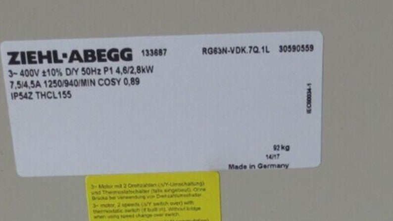 nameplate of RG63N-VDK.7Q.1L ZIEHL-ABEGG centrifugal fan