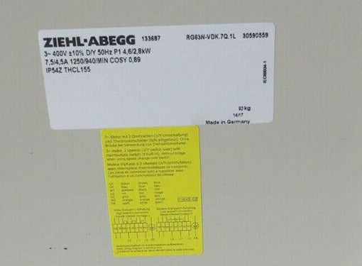 nameplate of RH63N-VDK.7Q.1L ZIEHL-ABEGG centrifugal fan