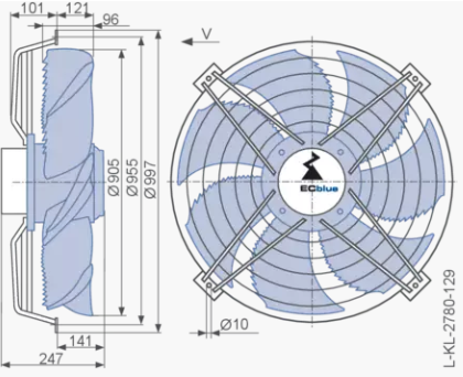 Drawing/dimension FN091-ZII.GL.V5P1 ZIEHL-ABEGG Axial Fan