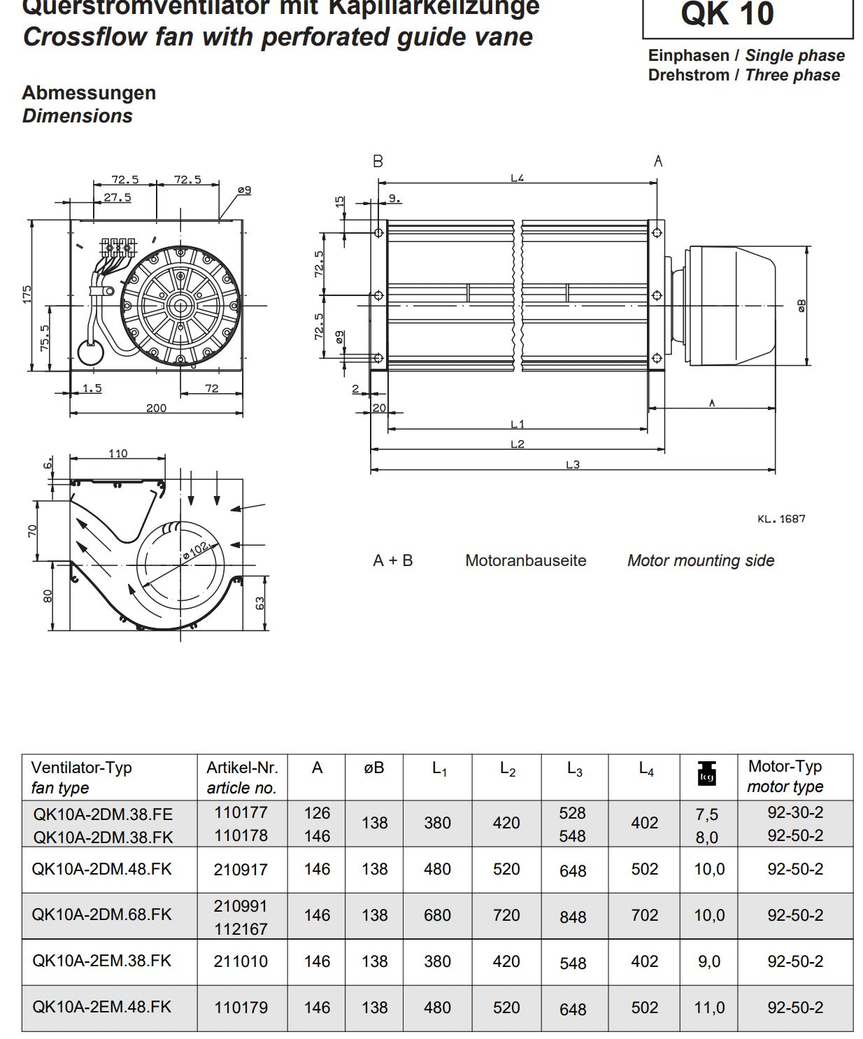 Drawing/dimension QK10A-2EM.48.FK ZIEHL-ABEGG Crossflow fan