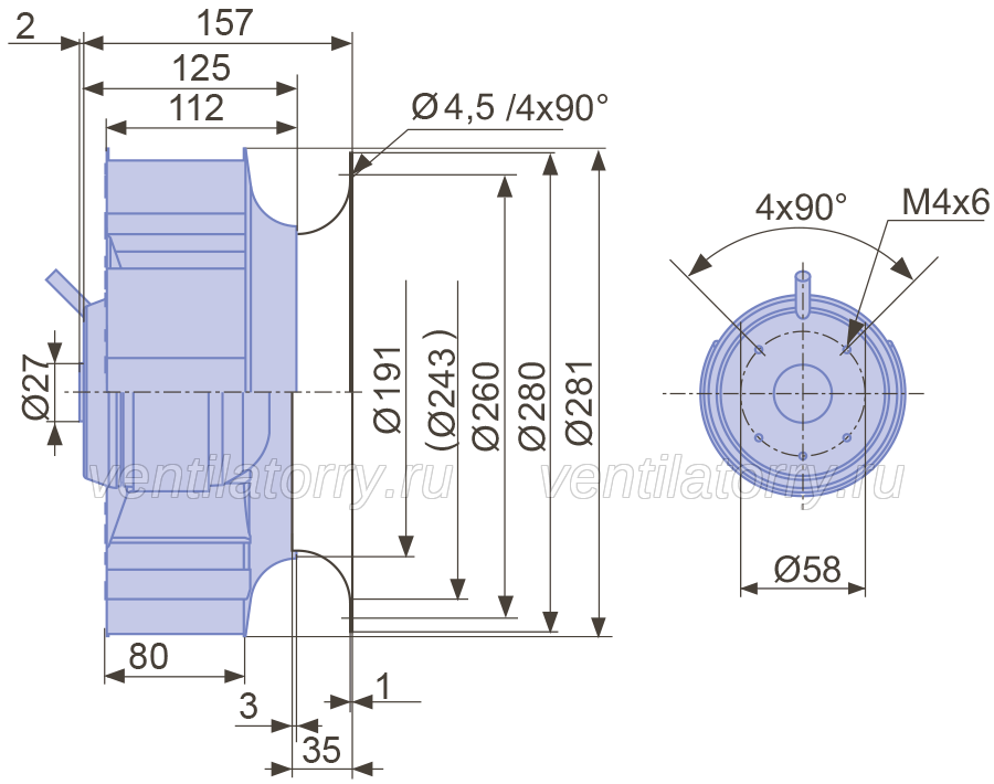Drawing/dimension RH28L-4EP.WC.2R  ZIEHL-ABEGG centrifugal fan