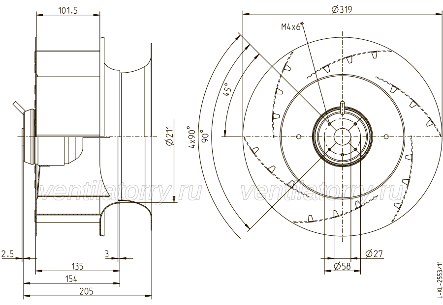 Drawing/dimension RH31L-4EP.WD.1R ZIEHL-ABEGG centrifugal fan