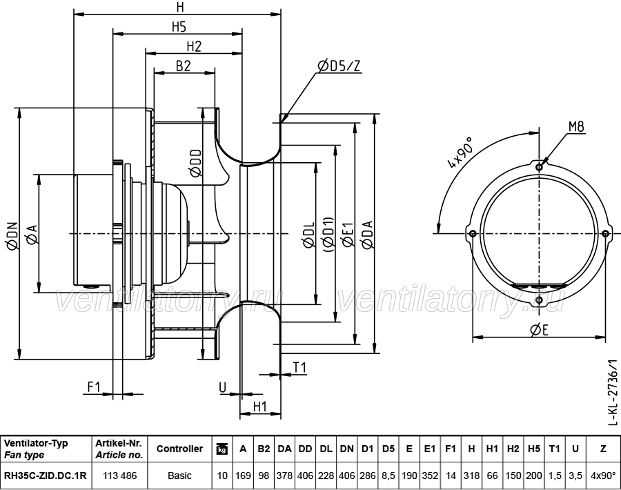 Drawing/dimension RH35C-ZID.DC.1R  ZIEHL-ABEGG centrifugal fan