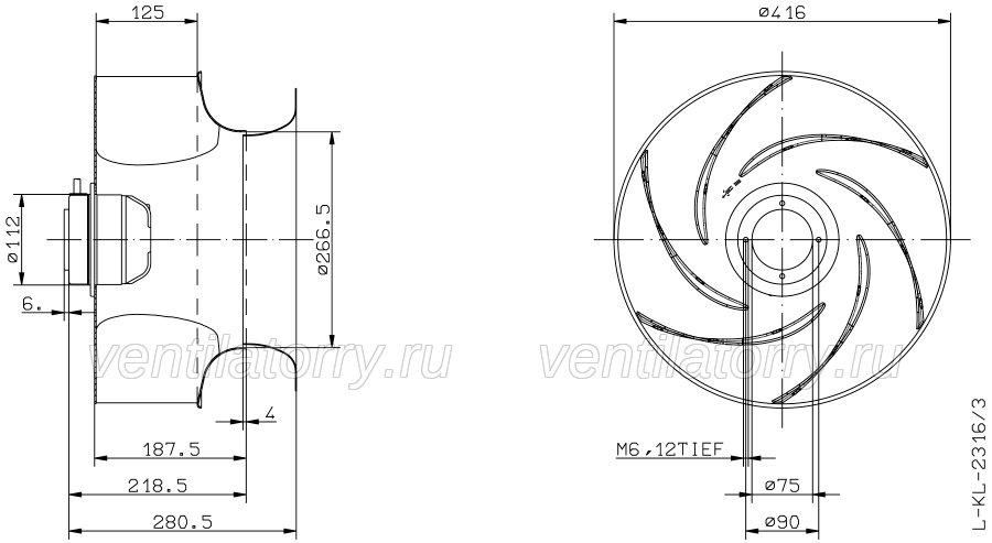 Drawing/dimension RH40G-6DK.2C.1R ZIEHL-ABEGG centrifugal fan