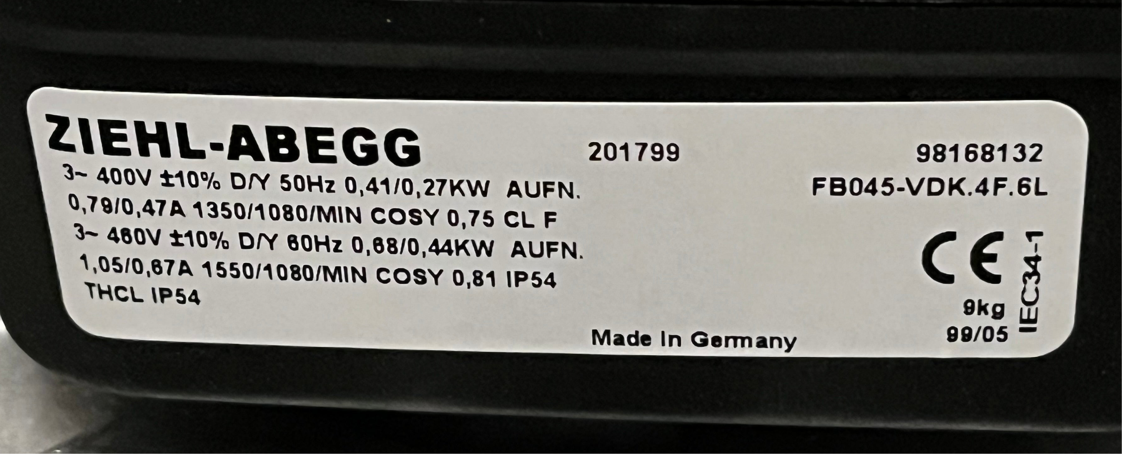 FB045-VDK.4F.6L ZIEHL-ABEGG Axial Fan nameplate