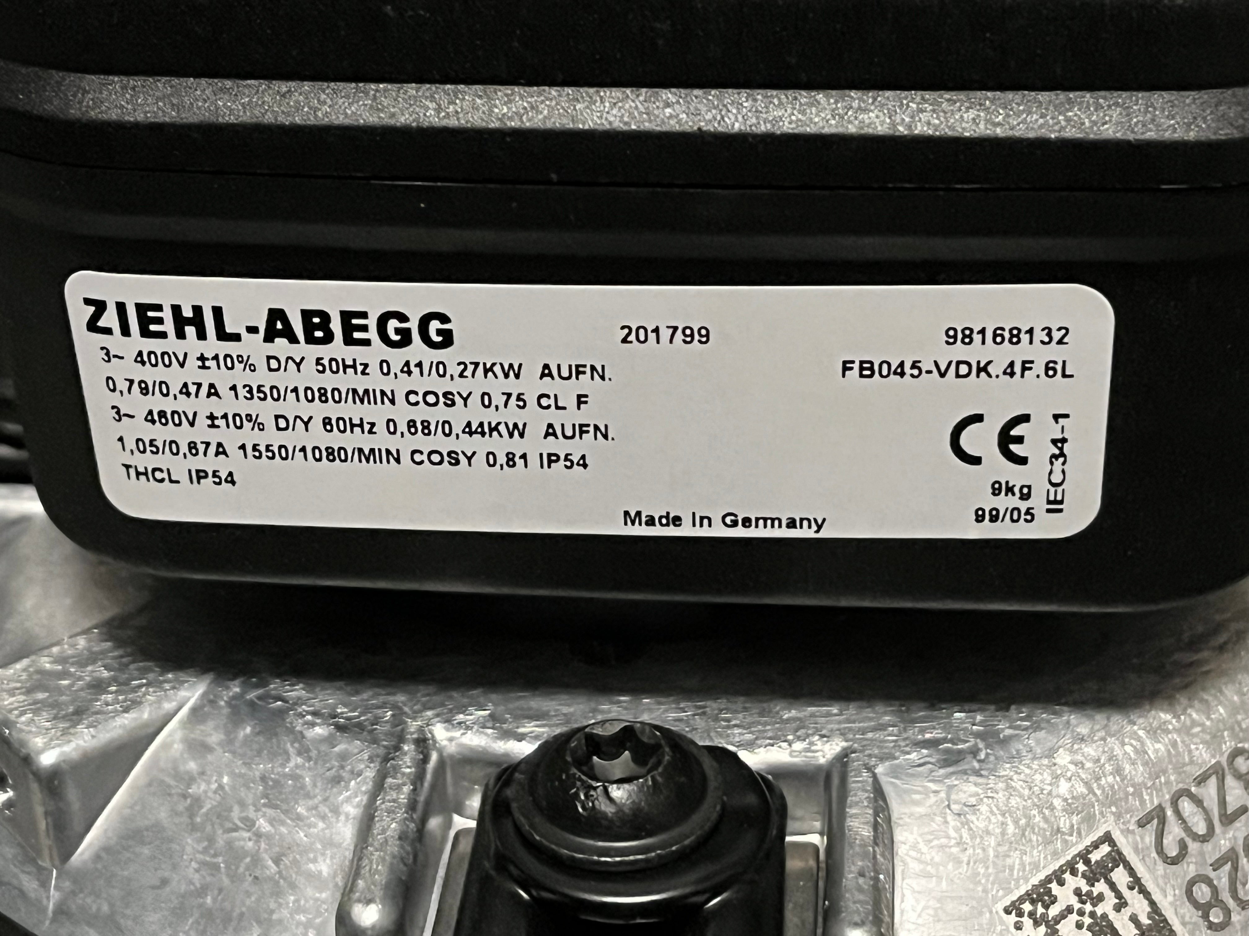 FB045-VDK.4F.6L ZIEHL-ABEGG Axial Fan nameplate & lable