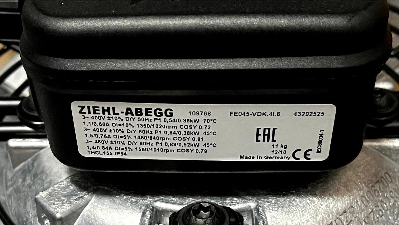 FE045-VDK.4I.6 ZIEHL-ABEGG Axial Fan nameplate