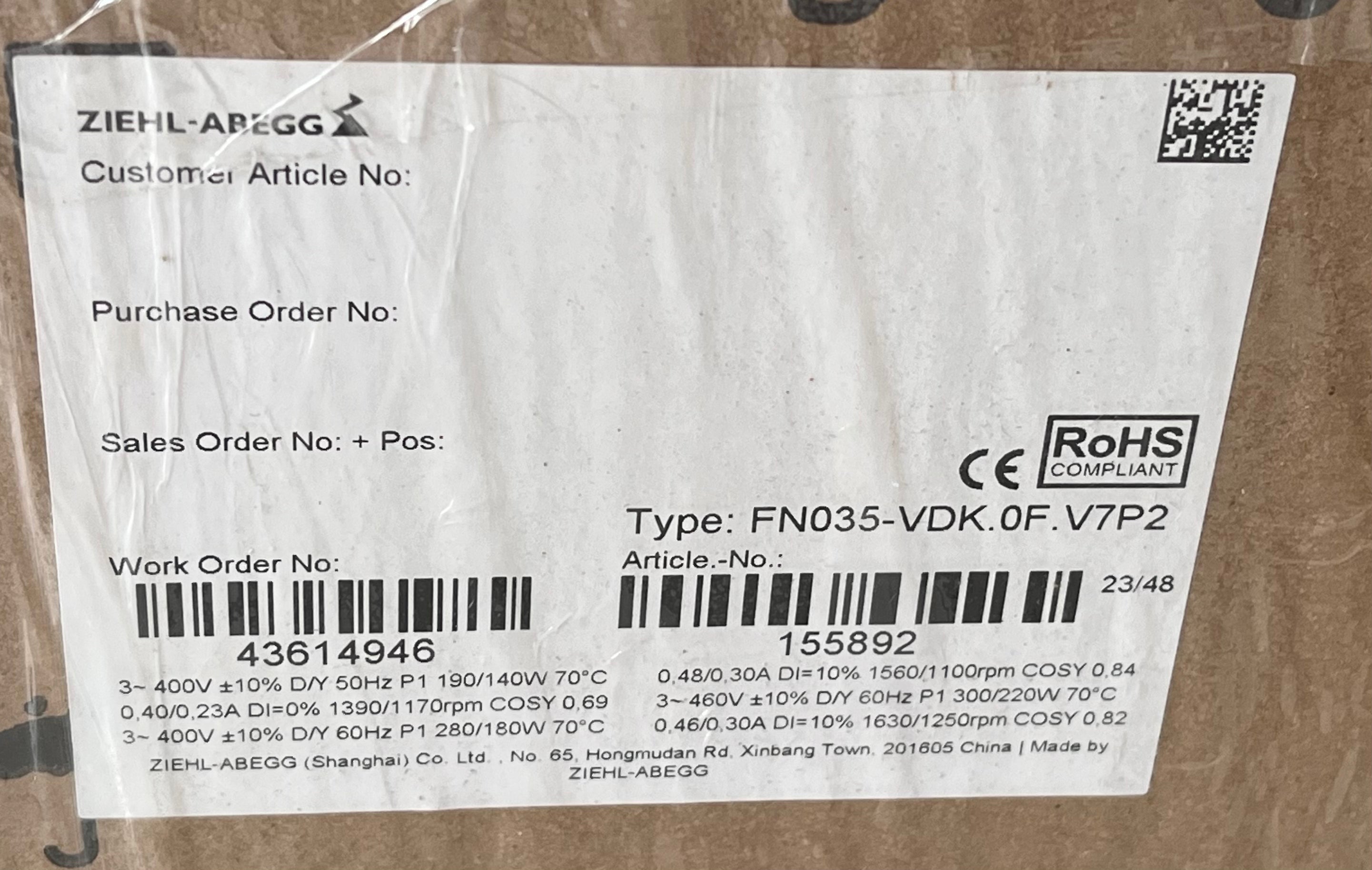 FN035-VDK.0F.V7P2 ZIEHL-ABEGG Axial Fan package label