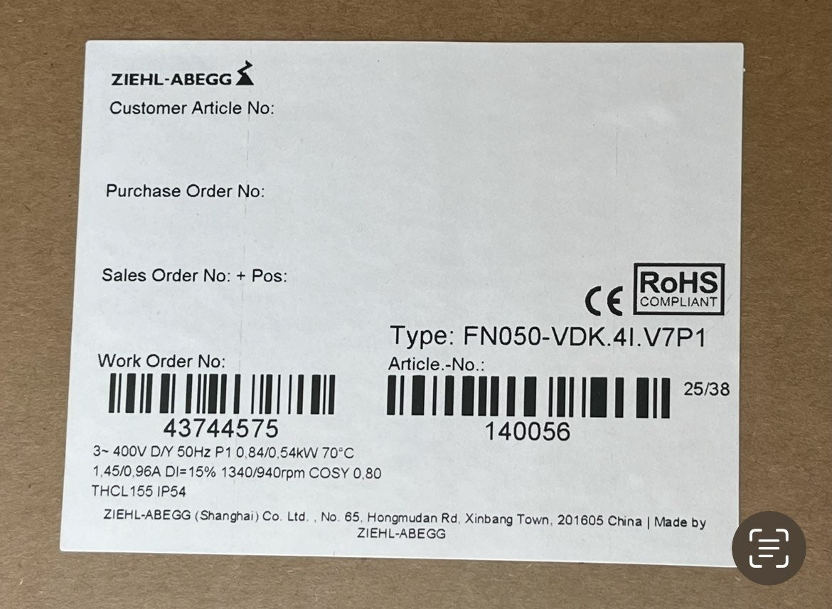 FN050-VDK.4I.V7P1 ZIEHL-ABEGG Axial Fan package label