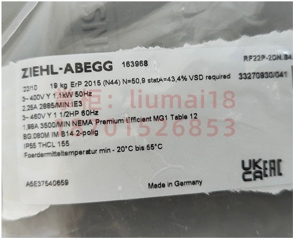 RF22P‐2DN.B4.5R ZIEHL-ABEGG centrifugal fan 400V AC 2.25A Siemens 1PH718/1PH7224/1PH7228 Series Spindle Servo Motor