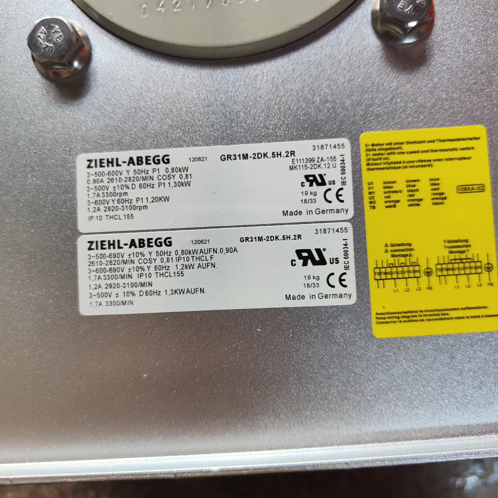GR31M-2DK.5H.2R 120621 MK115-2DK.12U ZIEHL-ABEGG centrifugal fan 500-690V NAMEPLATE