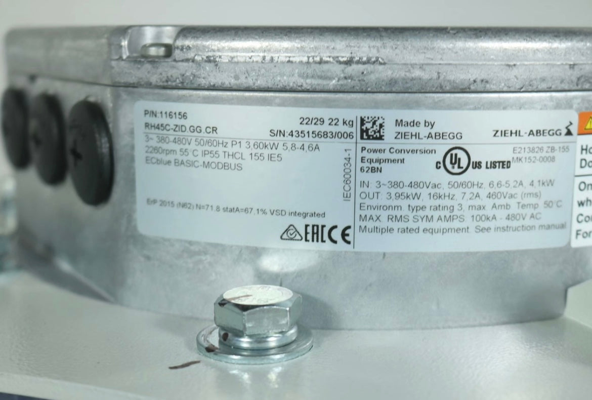 GR45C-ZID.GG.CR ZIEHL-ABEGG centrifugal fan nameplate