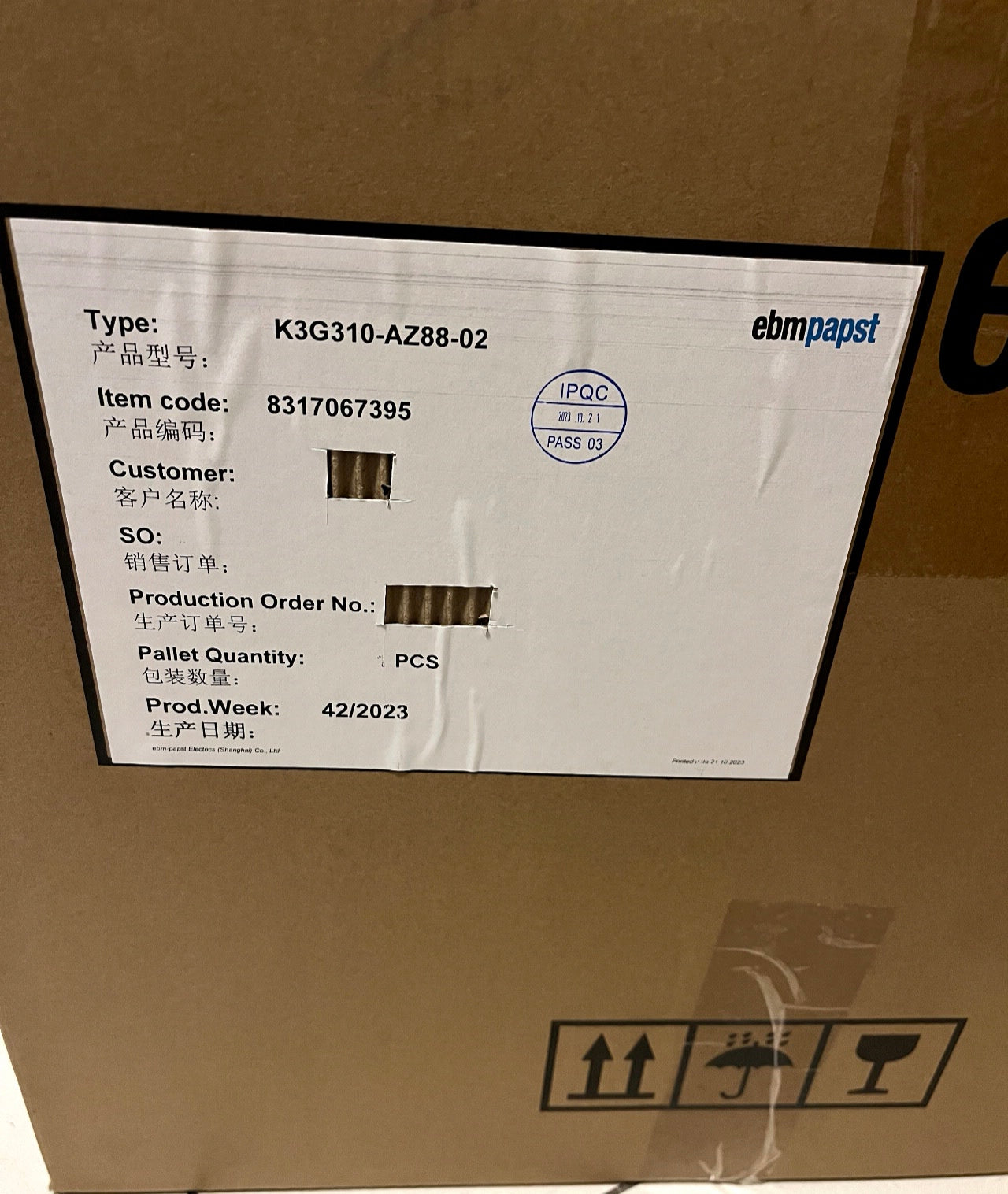 K3G310-AZ88-02 ebm-papst Centrifugal fan package label