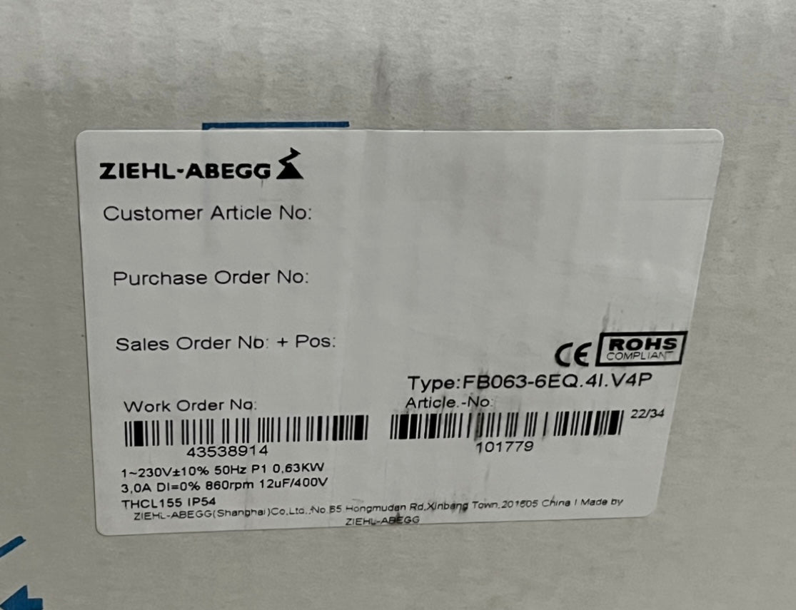 Lable of FB063-6EQ.4I.V4P ZIEHL-ABEGG Axial Fan