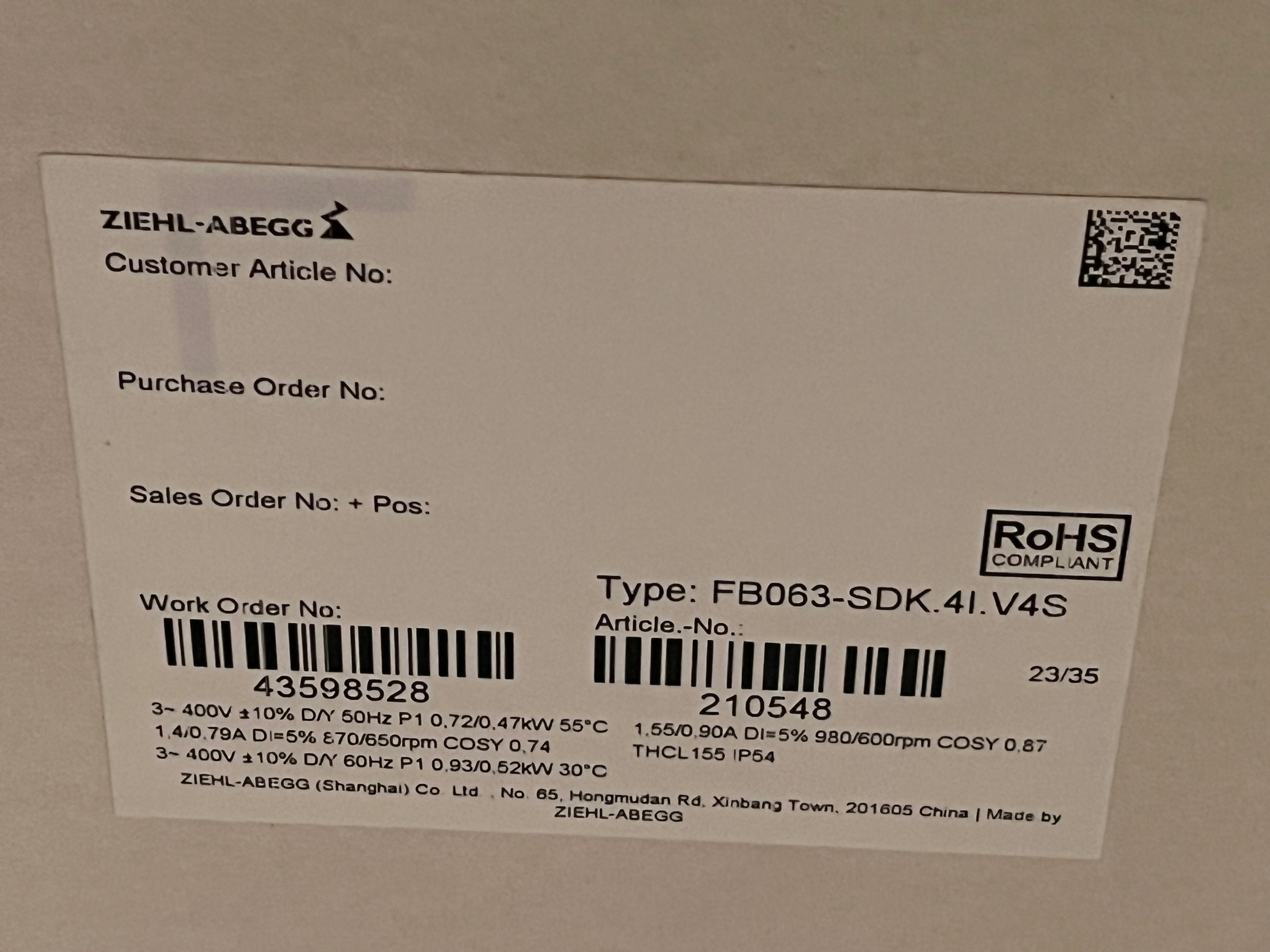 Lable of FB063-SDK.4I.V4S ZIEHL-ABEGG Axial Fan