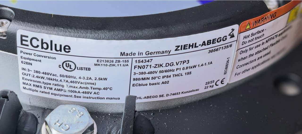 Lable of FN071-ZIK.DG.V7P3 ZIEHL-ABEGG Axial Fan