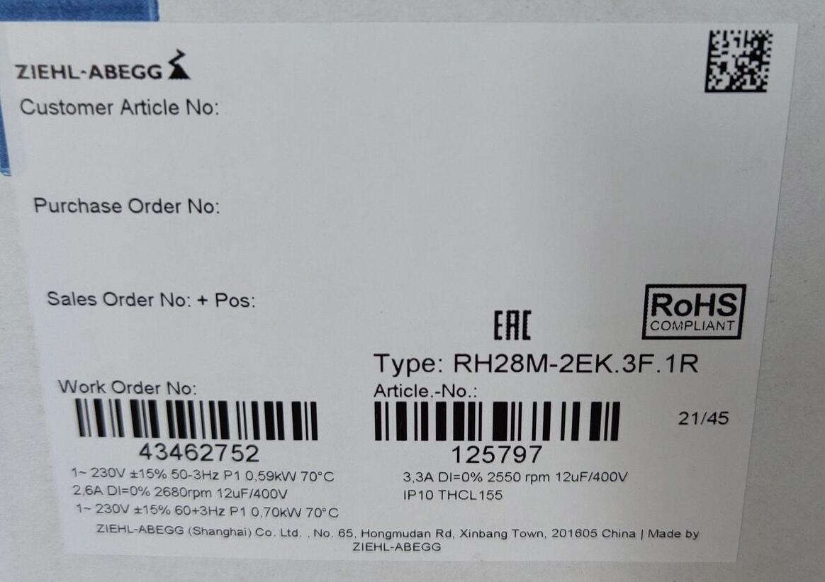 Lable of RH28M-2EK.3F.1R  ZIEHL-ABEGG centrifugal fan