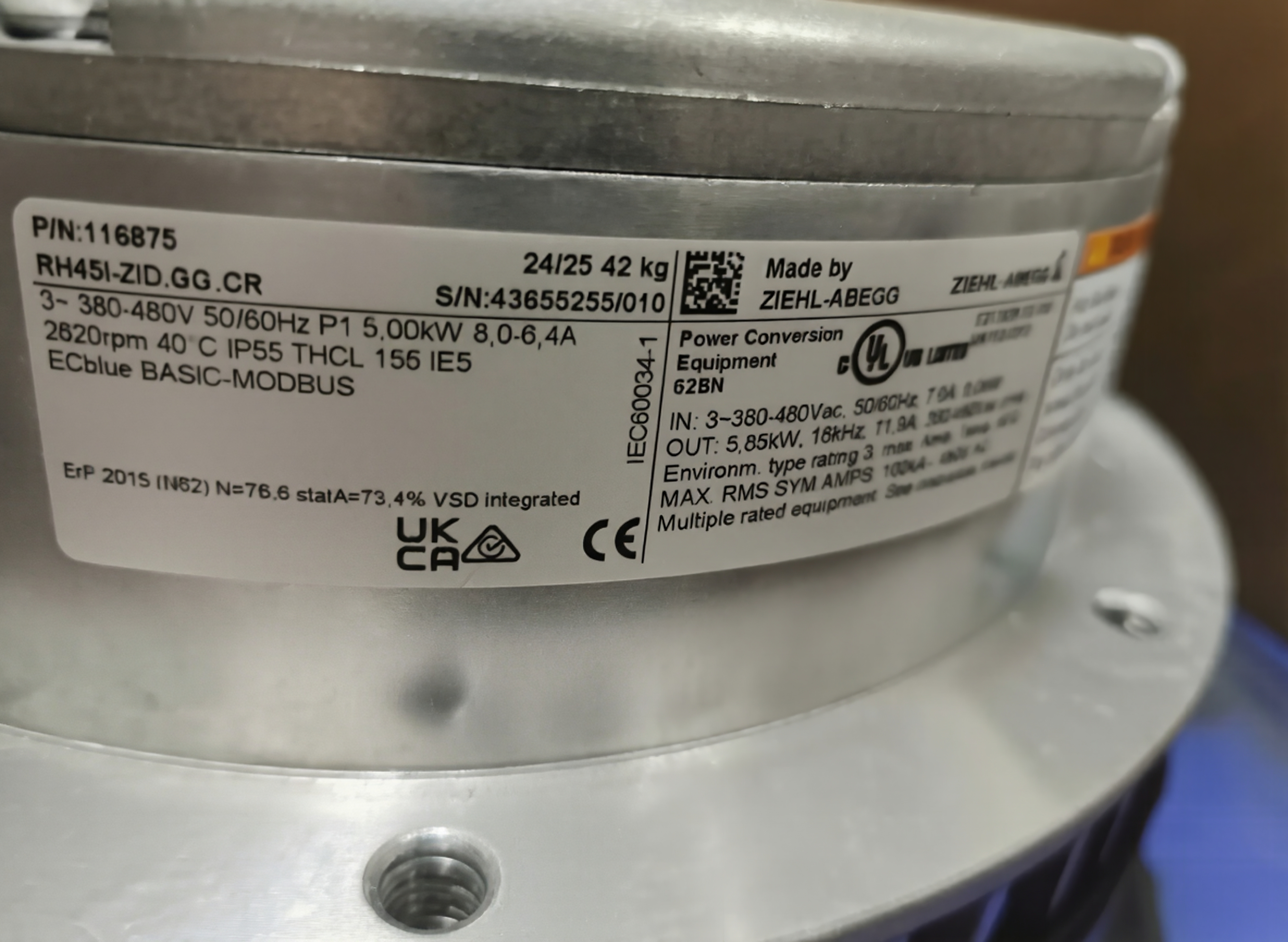 NAMEPLATE OF RH45I-ZID.GG.CR ZIEHL-ABEGG centrifugal fan