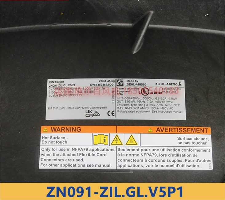 NAMEPLATE of ZN091-ZIL.GL.V5P1 ZIEHL-ABEGG Axial Fan