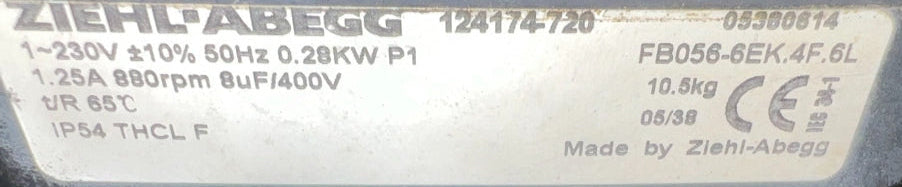 Nameplate of FB056-6EK.4F.6L  ZIEHL-ABEGG Axial Fan