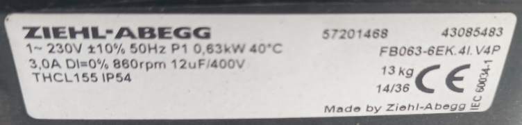 Nameplate of  FB063-4EK.4I.V4P ZIEHL-ABEGG Axial Fan